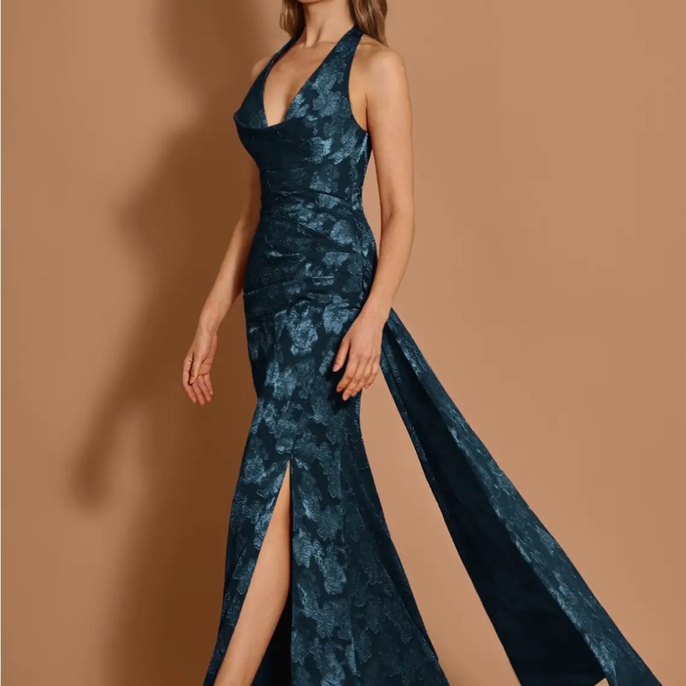 Azazie Teal Floral Jacquard One-Shoulder Halter Gown with Train